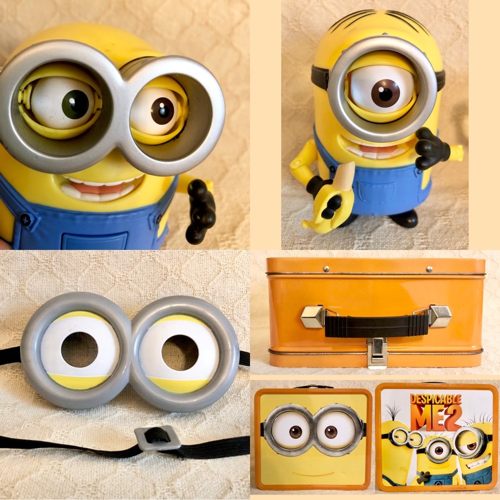 Lot Minion Despicable Me 2 lunchbox goggles and 2 Bob Carl blink toys